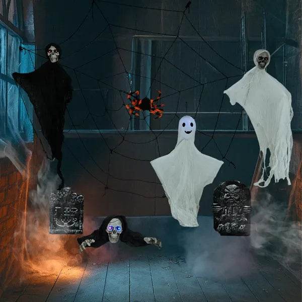 Outdoor Halloween Decorations 8-Piece Set, Hanging Ghosts Decor And Cobweb And Gravestone With Lighted Up Eyes, Scary Swinging Ghost Flying For Yard Patio Lawn Garden 