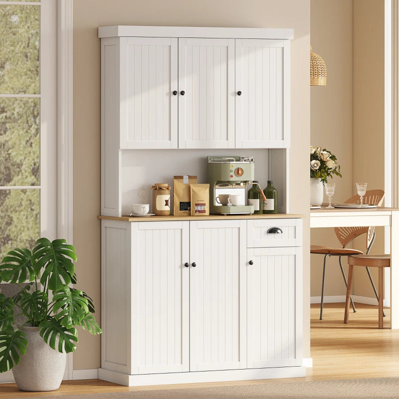 71" Kitchen Pantry Buffet with Hutch Storage Cabinet Microwave Oven Stand with Drawer, White, Oak