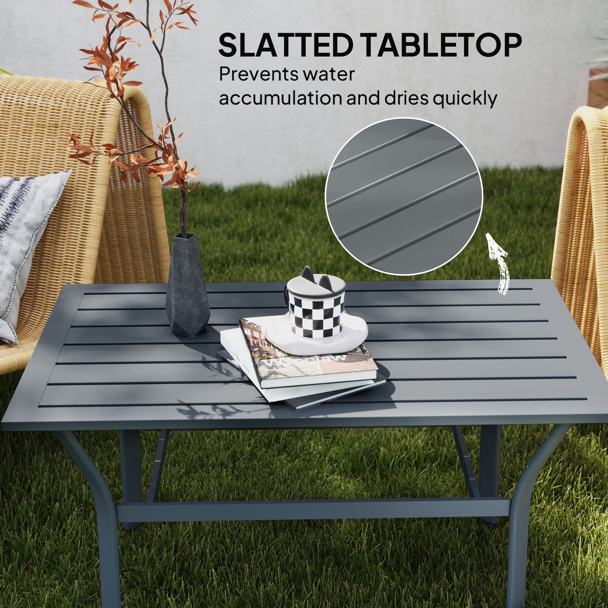 Outsunny Outdoor Side Table with Slatted Tabletop, Metal Patio Coffee Table for Garden, Balcony, Dark Grey 