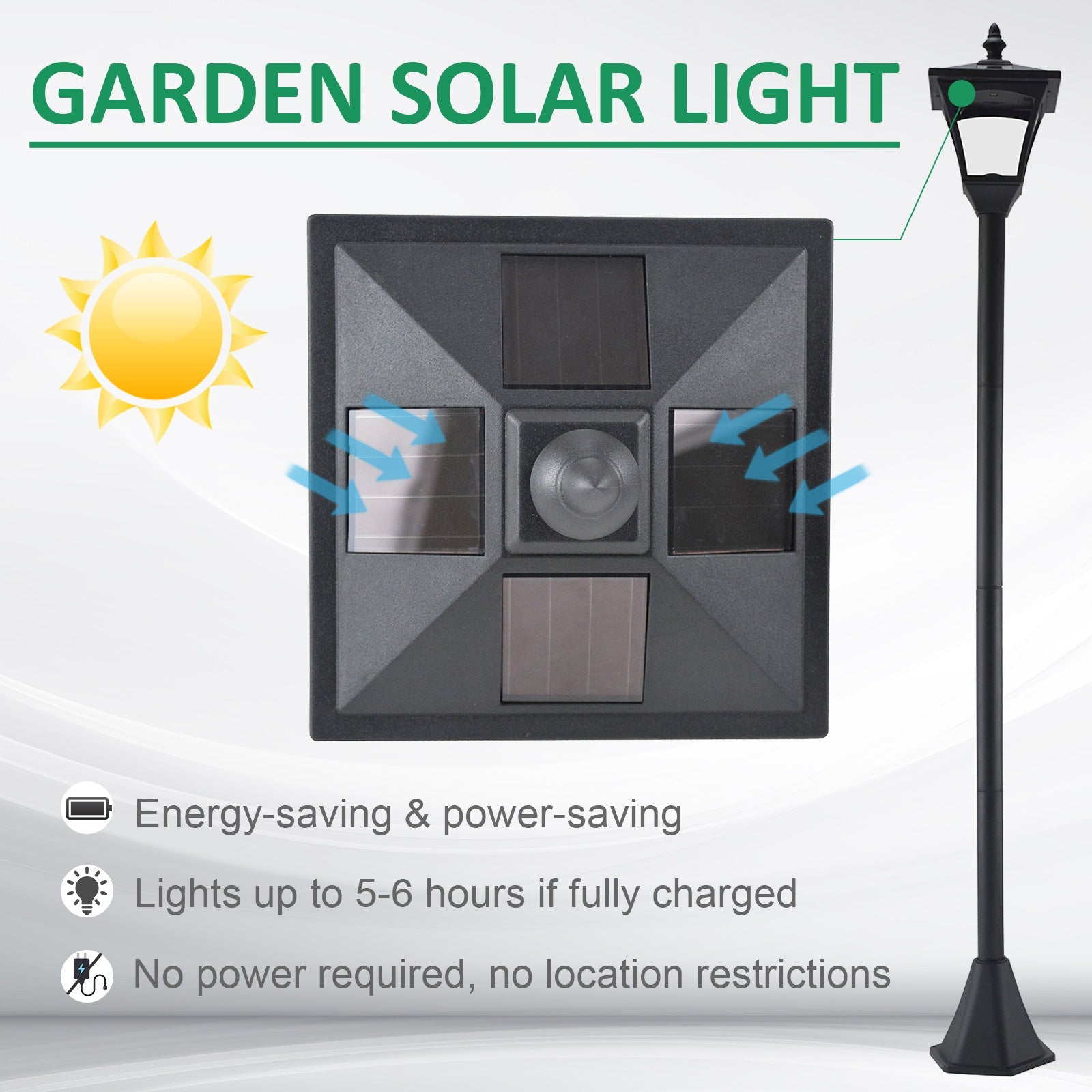 Outsunny Solar Powered LED Streetlight Style Outdoor Lamp Post Garden Light Waterproof 5-6 Hours with Base Walkway 