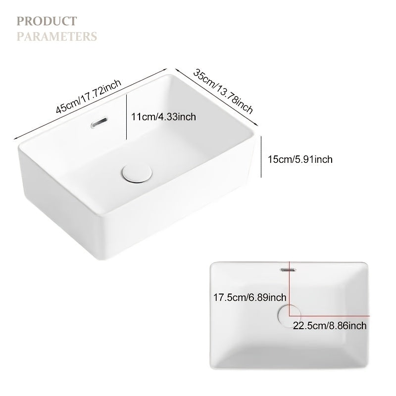 Modern Nordic Style Ceramic Vanity Sink - Rectangular Countertop Basin with Black Faucet for Home, Hotel, or Bathroom - Classic White Design, Freestanding Installation, Bathroom Sink 