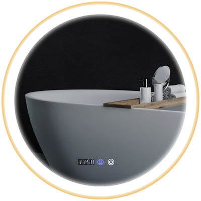 HOMCOM 28" Round Bathroom Mirror with LED Lights, Wall Mounted Vanity Mirror with Anti-Fog Pad, Time and Temp Display, Gold 