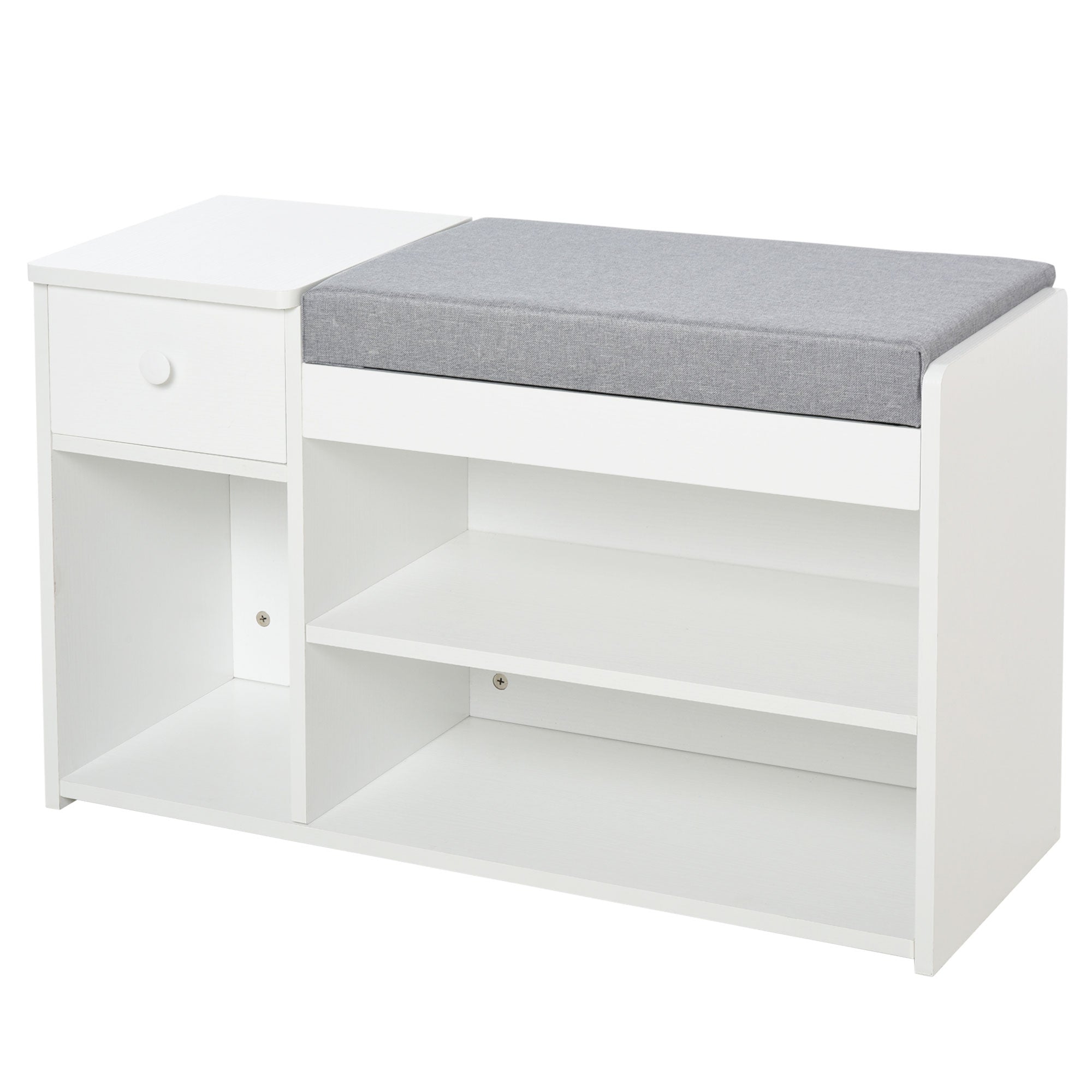 HOMCOM Entryway Shoe Oasis: Storage Bench with Drawer, Padded Cushion, 3 Compartments for Hallway, White Finish 