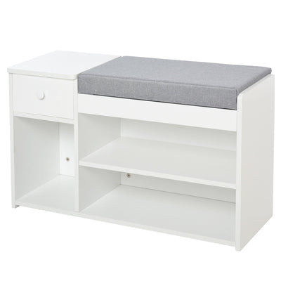 HOMCOM Entryway Shoe Oasis: Storage Bench with Drawer, Padded Cushion, 3 Compartments for Hallway, White Finish 