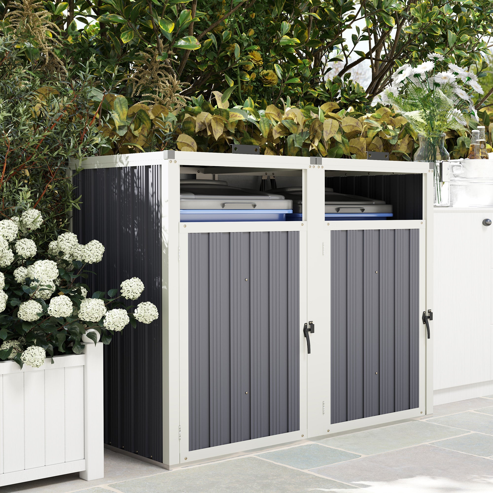 Outsunny Double Garbage Bin Shed, Lockable Outdoor Storage Shed with Openable Lid, Galvanized Frame for Garden Patio, Dark Grey 