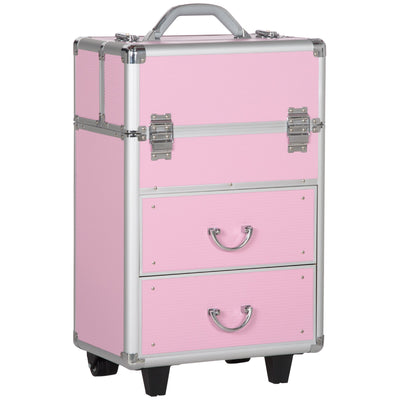 HOMCOM Large Cosmetic Trolley Rolling Makeup Train Case Storage Lockable Cart Pink with Folding Trays Swivel Wheels 
