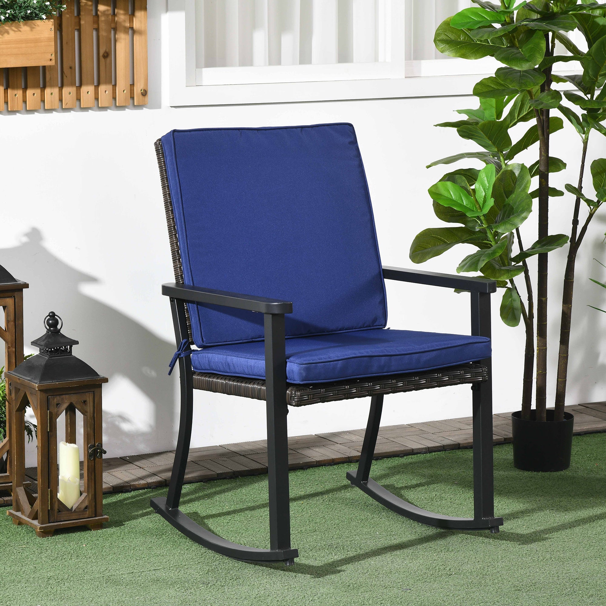 Outsunny Patio Wicker Rocking Chair Outdoor PE Rattan High Back Armrest Seat Cushion Blue Color Furniture 