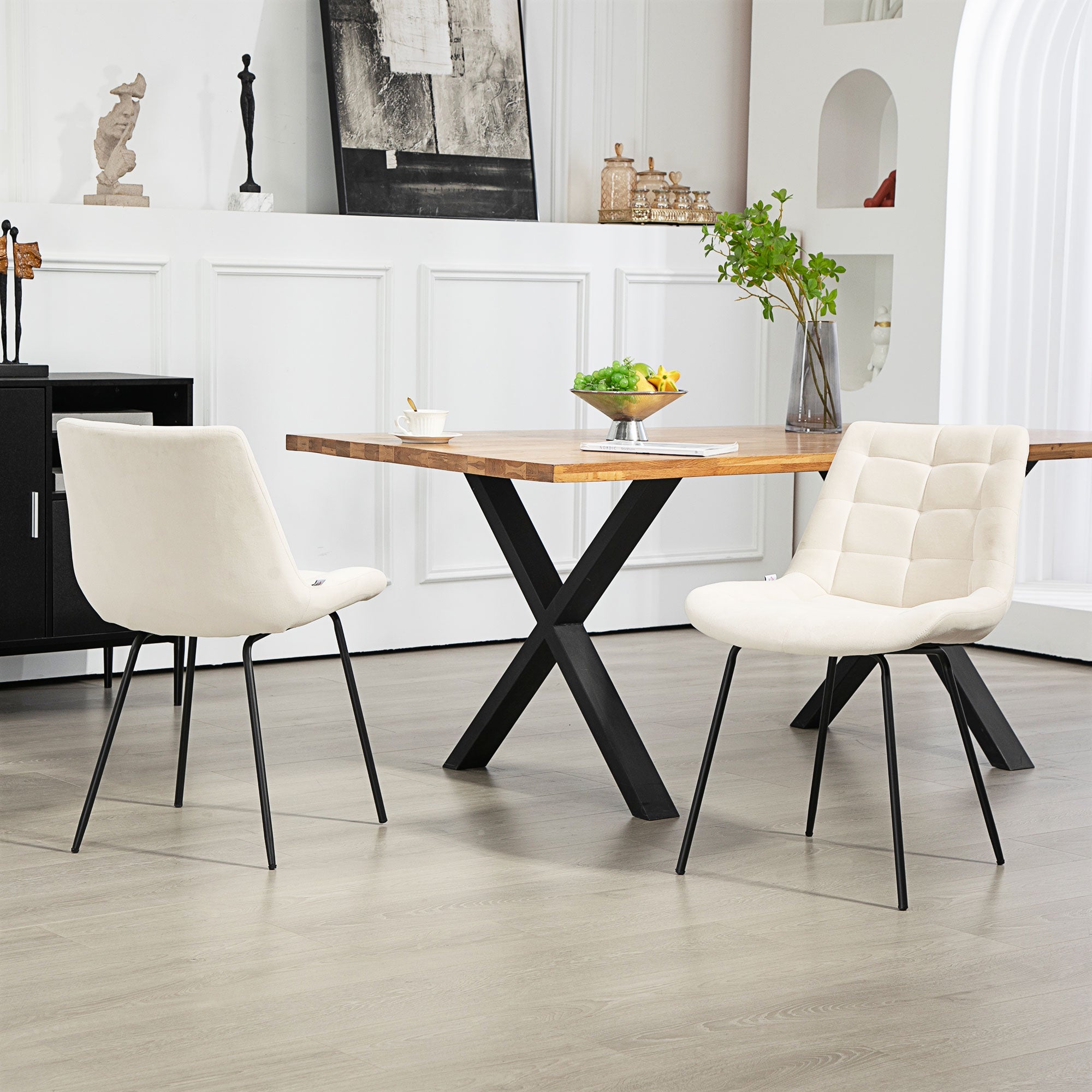 HOMCOM 2 Pieces Dining Chairs, Set of 2 Upholstered Kitchen Chairs with Padded Seat and Steel Legs for Living Room Cream White 