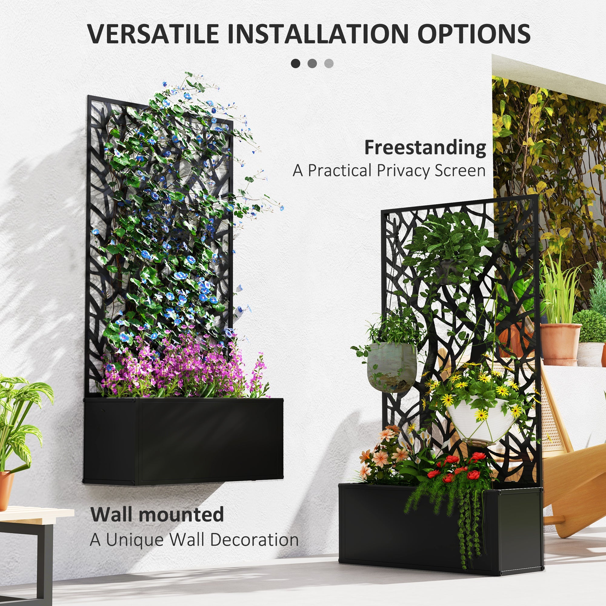 Outsunny Metal Raised Garden Bed with Privacy Panel, Freestanding or Wall Mounted Outdoor Planter Box for Garden, Patio 