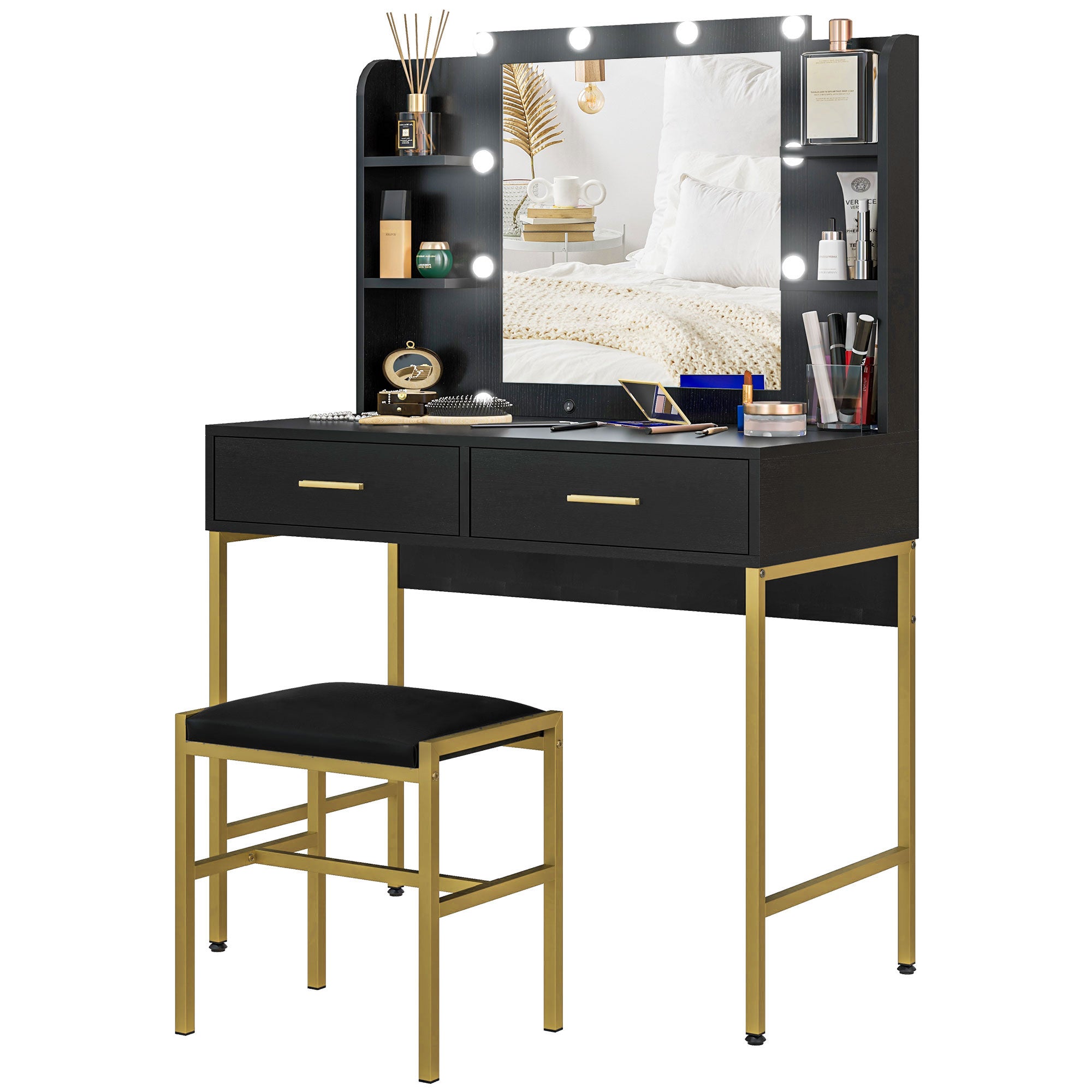 HOMCOM Makeup Vanity Desk Set with Lighted Mirror, Stool, Drawers, Shelves, 2 Lighting Modes, Dressing Table, Black 