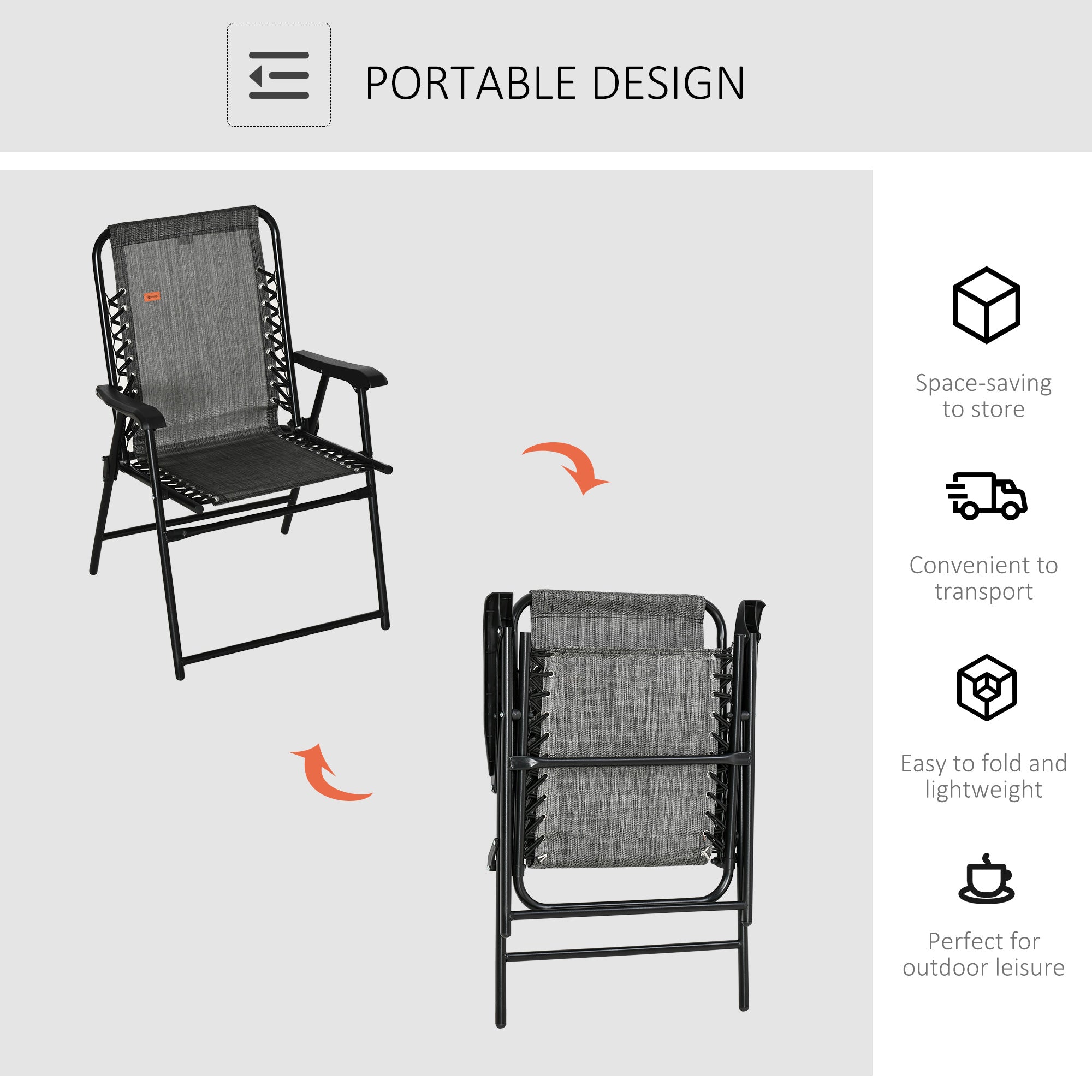 Outsunny Outdoor Folding Chair, Bungee Sling Foldable Chair with Armrests, Folding Lawn Chair for Camping, Garden, Pool, Beach, Backyard, Grey 