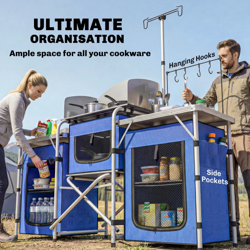 Aluminum Camping Kitchen, Portable Folding Camping Table with Fabric Cupboards, Windshield, Bag for BBQ, Picnic, Blue
