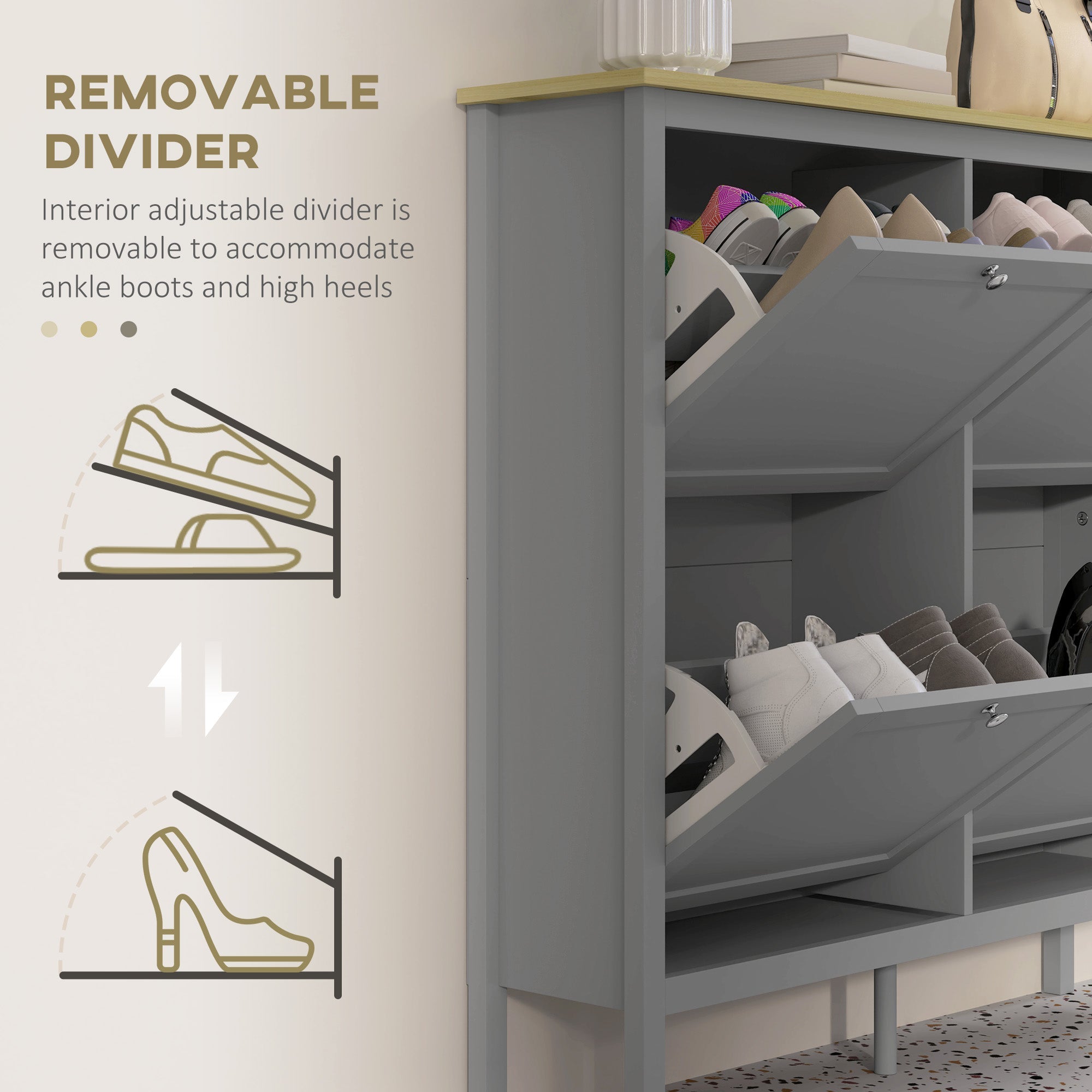 HOMCOM Entryway Shoe Storage Cabinet with 4 Flip Drawers, Adjustable Shelves, Narrow Shoe Cabinet for 20 Pairs of Shoes, Grey 