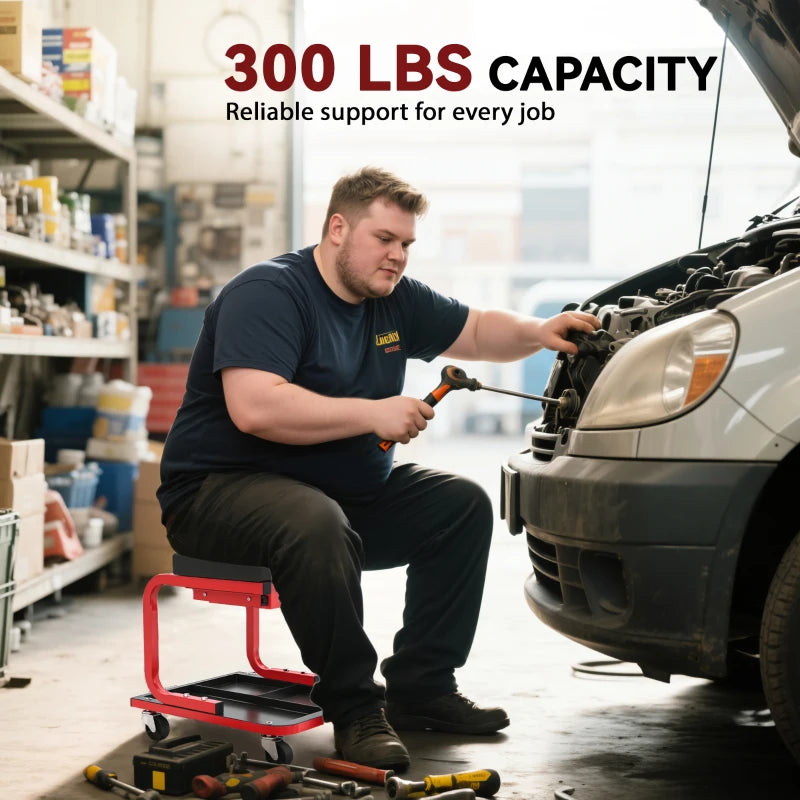 Rolling Garage Stool, 300 LBS Capacity Mechanic Stool with, Tool Trays Storage, Drawer, Black