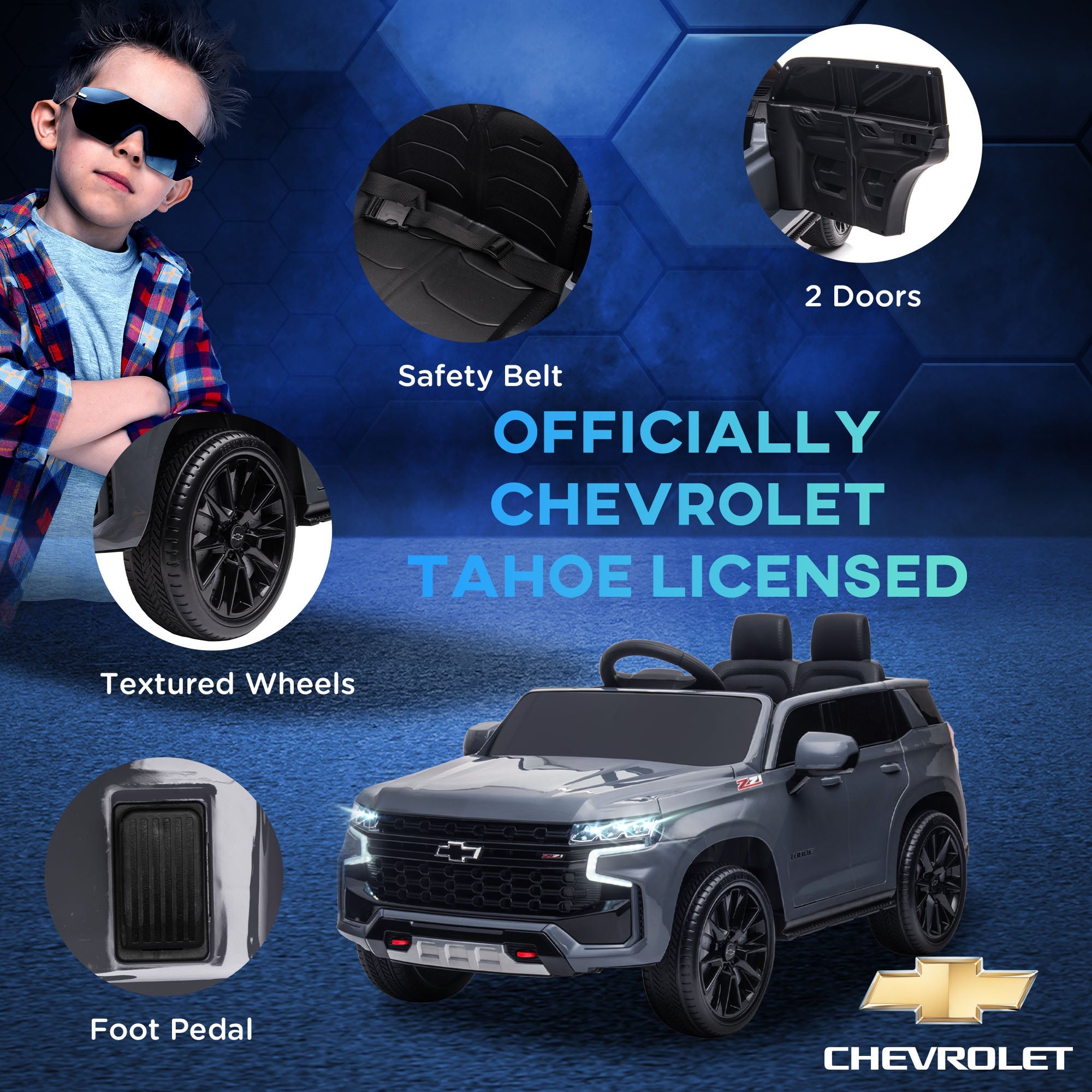 Aosom 12V Chevrolet TAHOE Kids Ride On Car Remote Control MP3 Music Lights Electric Toy Truck 3-6 Years Grey 