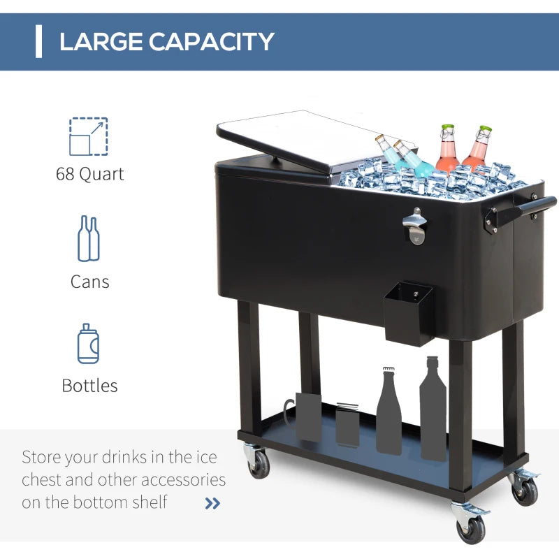 80 Quart Rolling Cooler Cart Portable Patio Ice Beer Beverage Cooling Bin for Outdoor Party w/ Bottle Opener & Storage Shelf Black