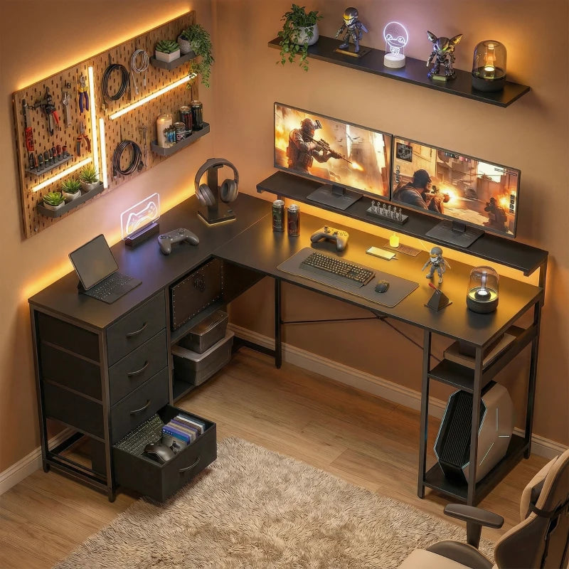 Gaming Desk with Power Outlets LED Lights Computer Desk with Drawers Monitor Stand 61" Black