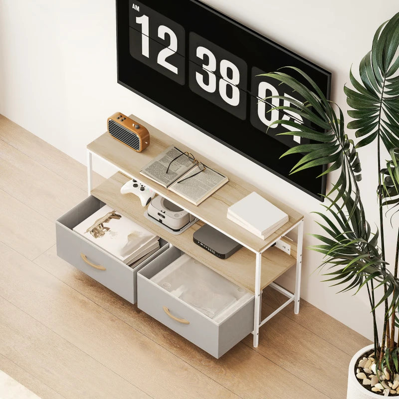 TV Stand with Charging Station, TV Table with 2 Foldable Linen Drawers and Open Shelf for 47 Inch TV, Oak