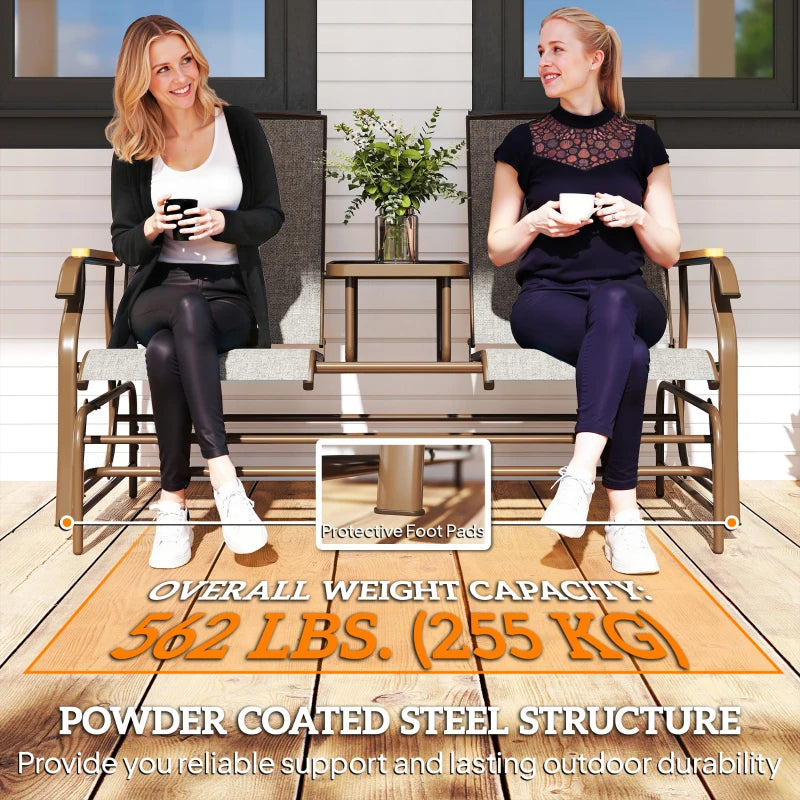 Outdoor 2-Person Glider Bench, Outside Swing Glider Chair Loveseat with Breathable Mesh, Table, Steel Frame