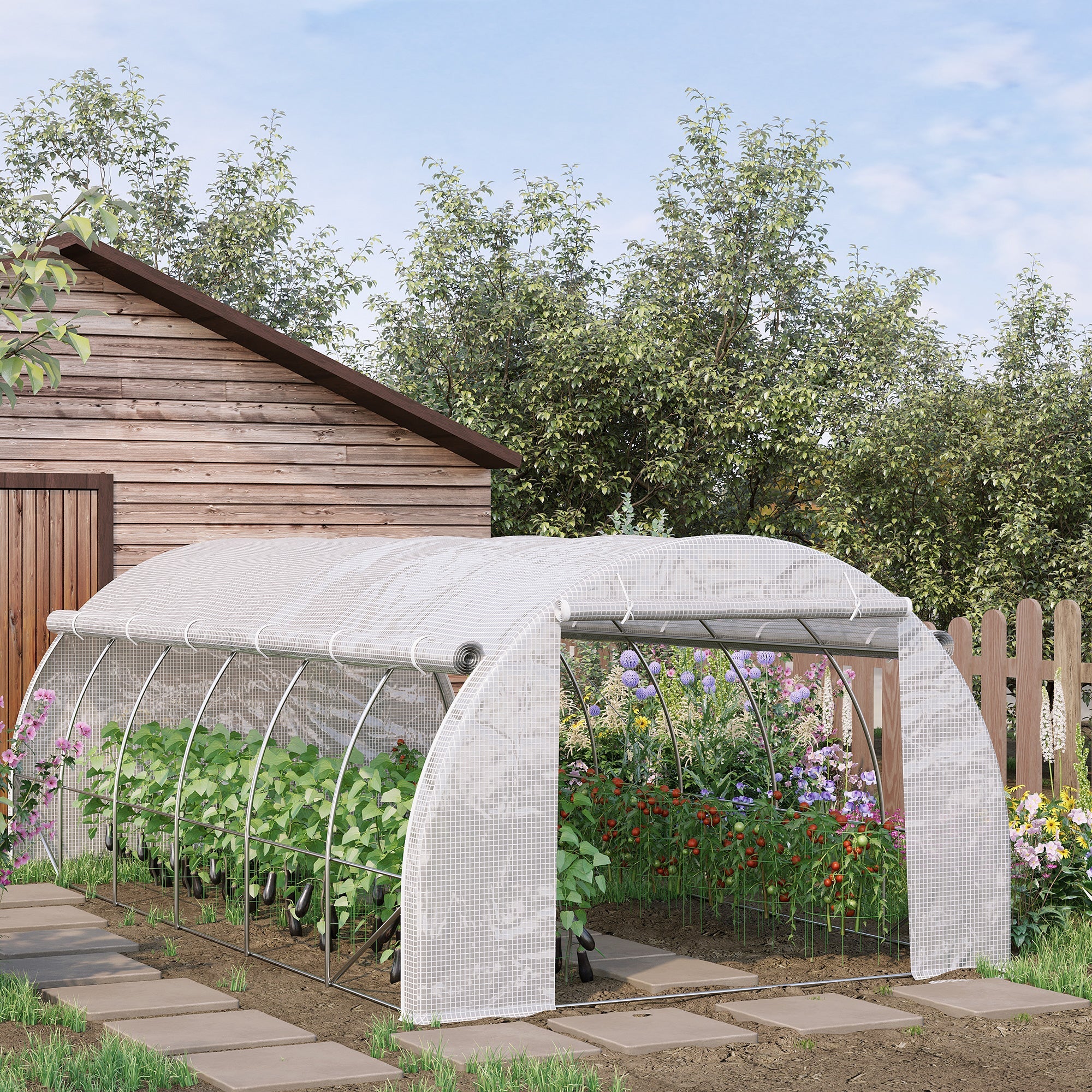 Outsunny Large Walk-in Greenhouse, 20'x10'x6' Tunnel Greenhouse with Zippered Door and 12 Roll-up Windows, Outdoor Green House 