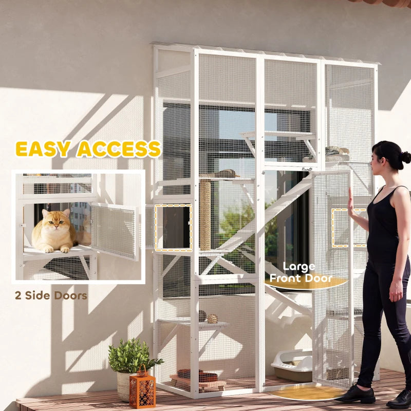 Wooden Catio Outdoor Cat Enclosure with 6 Jumping Platforms, Scratching Post, 2 Ramps, Waterproof Roof, White