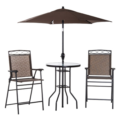 Outsunny 4 Piece Patio Bar Set Sling Folding Outdoor Furniture with Umbrella Brown for Poolside Backyard Garden 