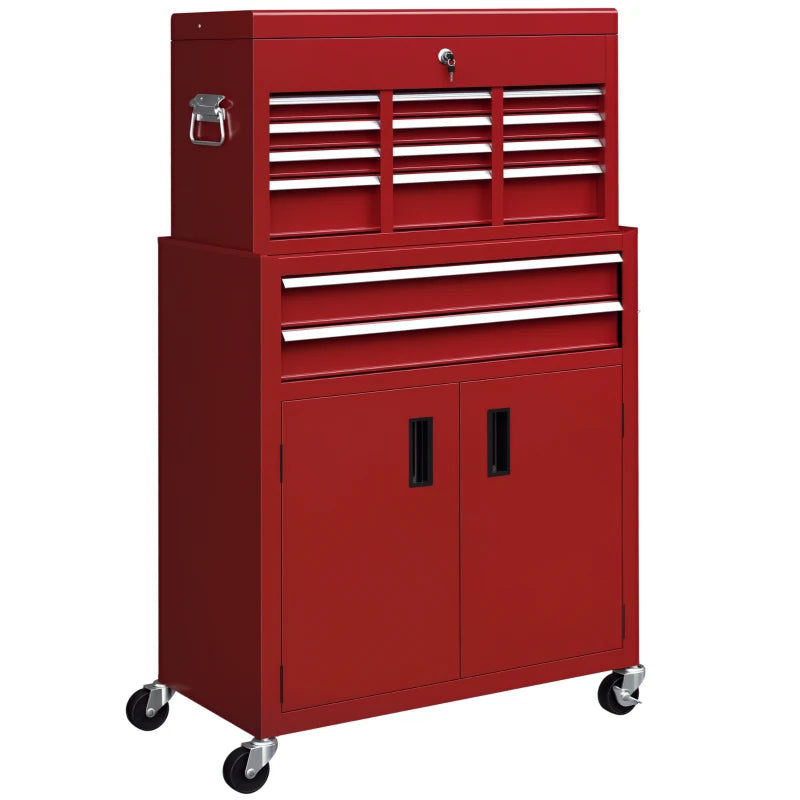 6-Drawer Rolling Tool Chest, 2 in 1 Lockable Storage Cabinet with Hooks, Metal Tool Box for Garage, Workshop, Red