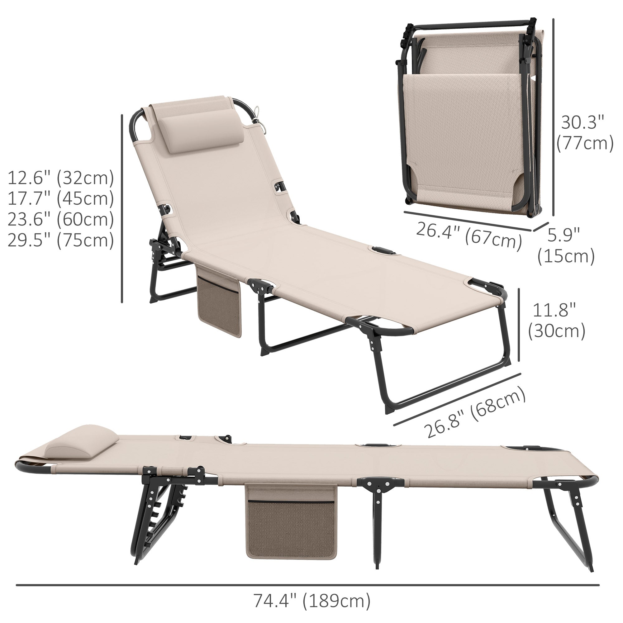 Outsunny Breathable Bliss: Folding Lounge Chair with Reclining Back, Cushioned Mesh Fabric, Side Pocket, and Headrest, Beige 