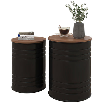 HOMCOM 2 Piece Round Side Table Set Nesting Coffee Tables Wooden Top Metal Frame Hidden Storage Bedroom Furniture 