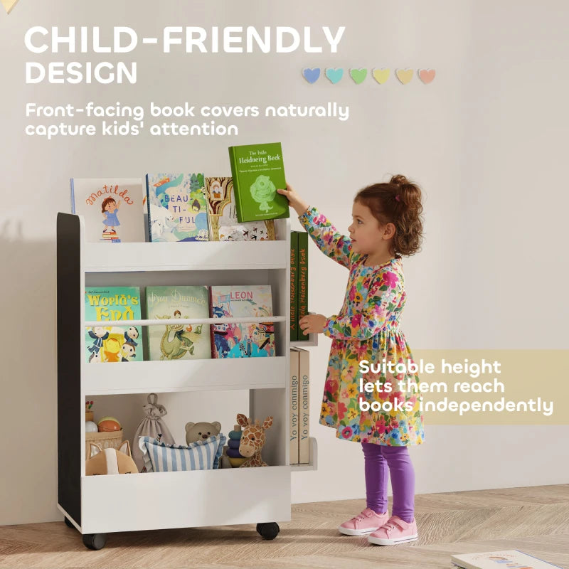 Qaba Kids Bookshelf, Kids Bookcase with Wheels & Blackboard, for Nursery, Kids Room, Playroom, for 3-8 Years