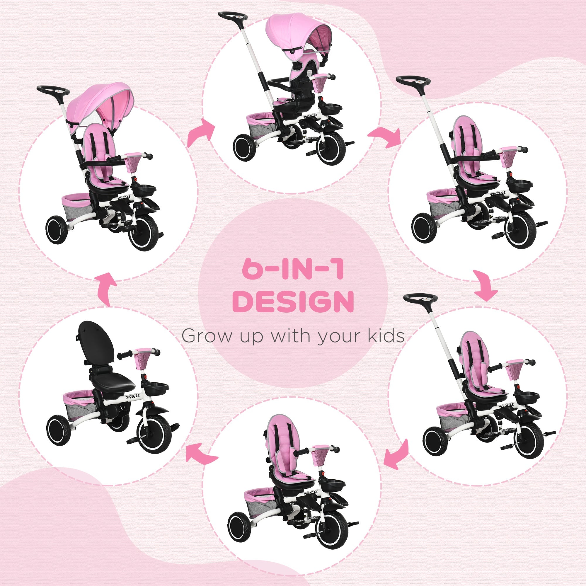 Aosom 7-in-1 Toddler Tricycle: Kids Trike with Rotatable Seat, Push Handle, Safety Harness, Canopy, Footrest 