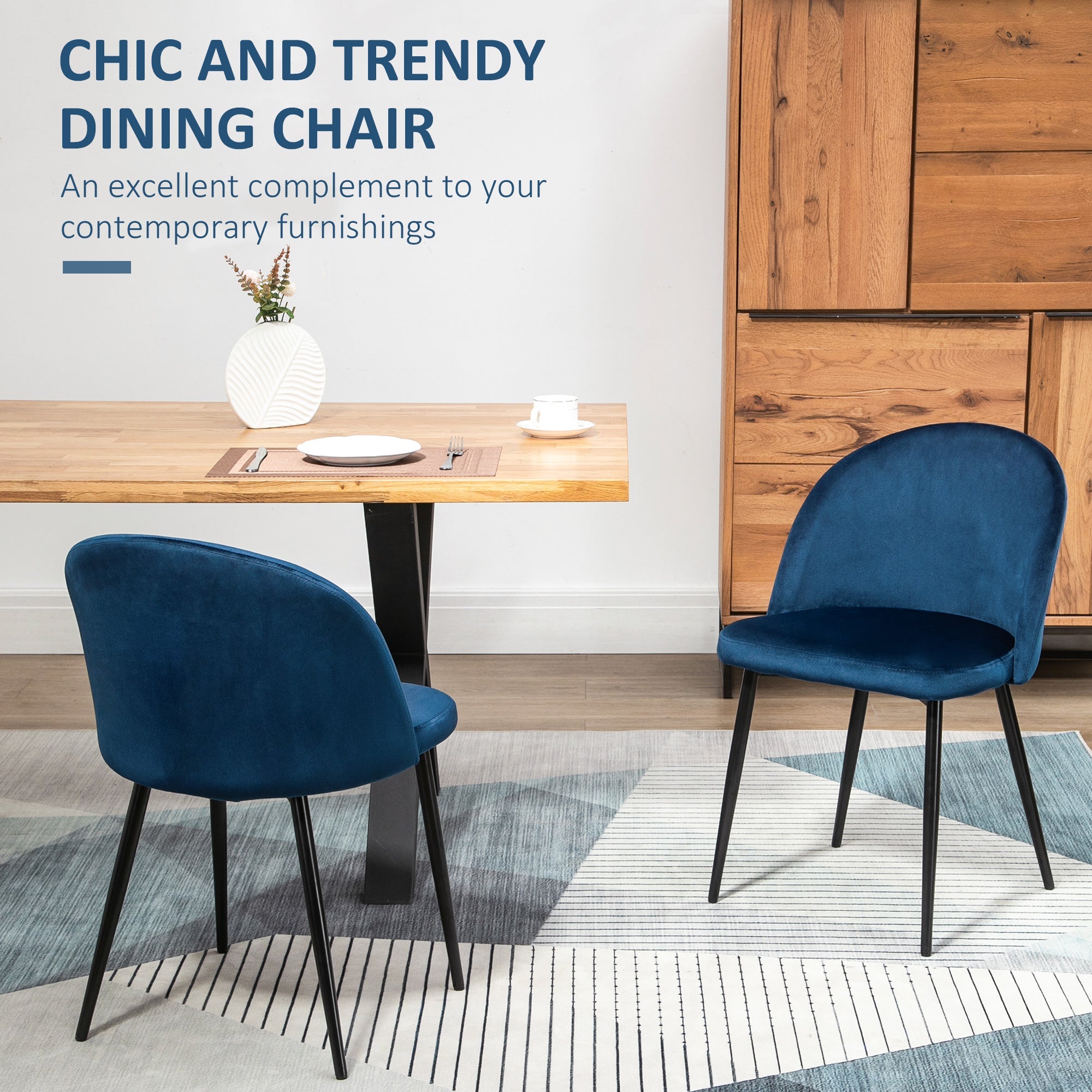 HOMCOM Set of 2 Modern Dining Chairs Mid-Back Velvet Side Table Chair Living Dining Dark Blue Furniture 