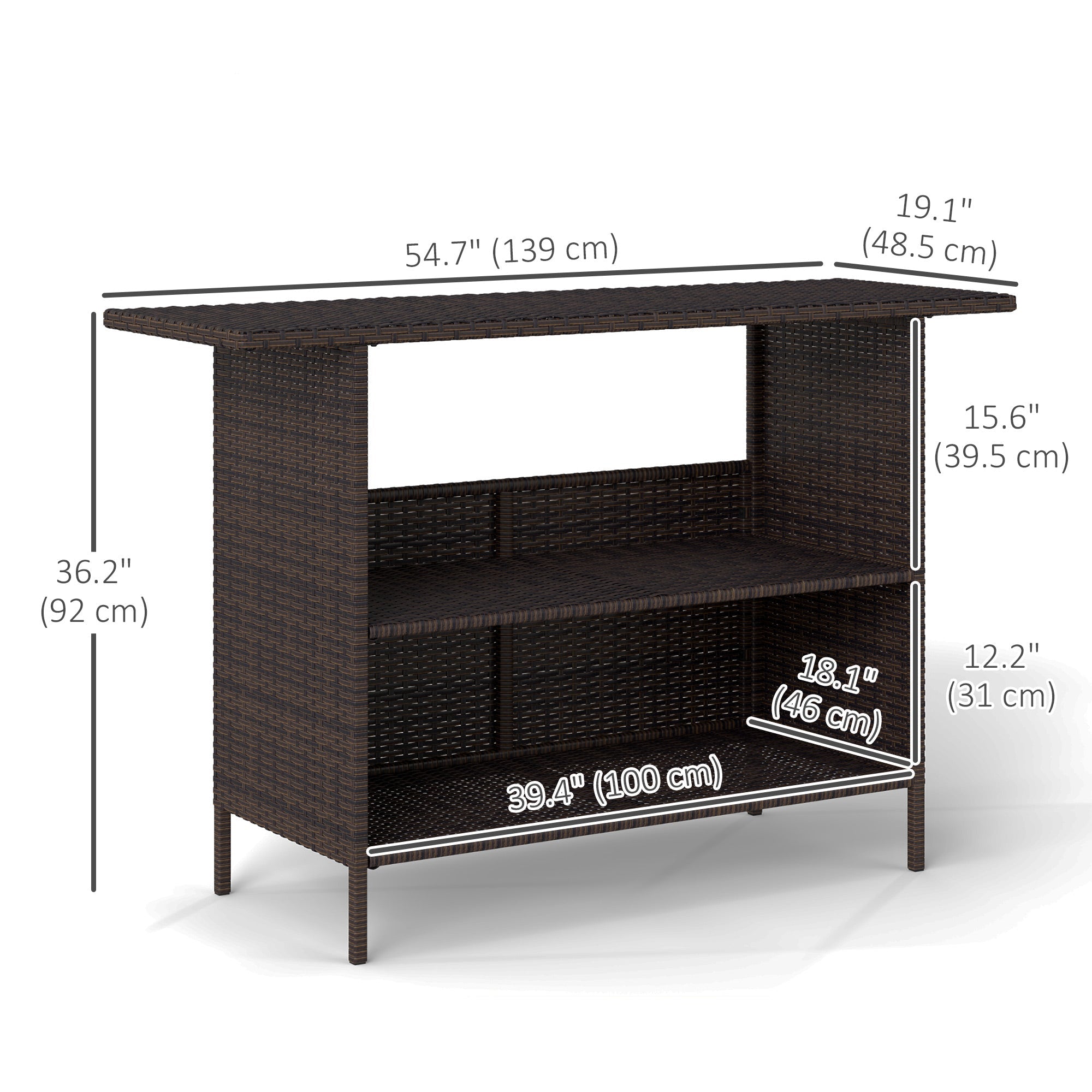 Outsunny Wicker Outdoor Bar Table, PE Rattan Bar Height Patio Table with 2 Shelves, Steel Frame for Garden, Backyard, Dark Brown 