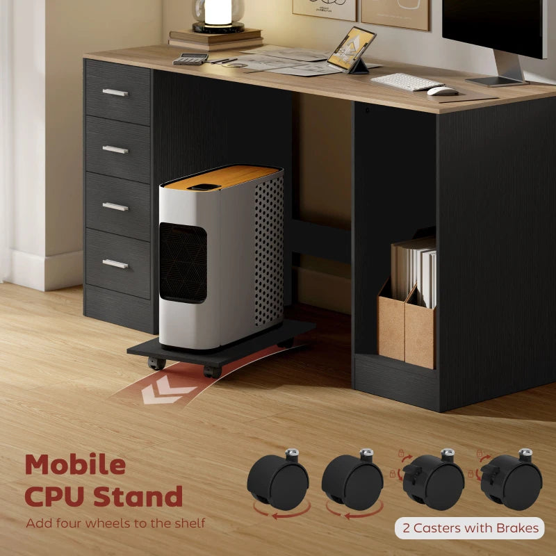 Office Desk, 55" Computer Desk with 4 Reversible Drawers, Mobile PC Stand, Adjustable Shelf, Black Wood Grain