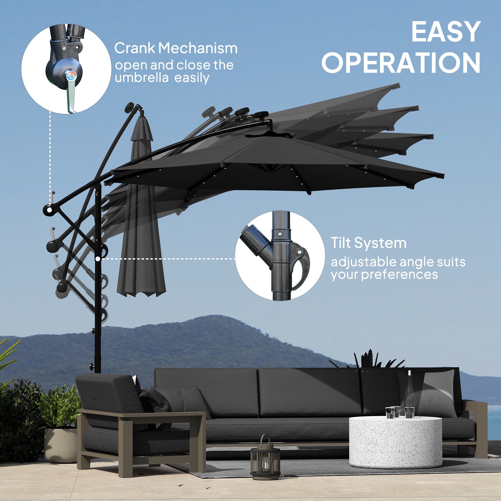 Outsunny 10ft Outdoor Cantilever Umbrella Banana Umbrella with Solar Lights and Adjustable Angle for Patio Backyard Black 