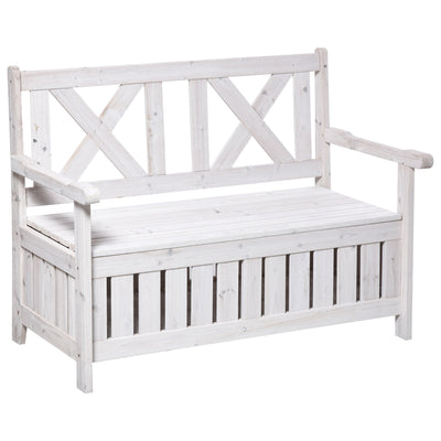 Outsunny Wooden Outdoor Storage Bench 2-Person Patio Bench with Louvered Side Panels and X-Shape Back for Garden, Patio, White 