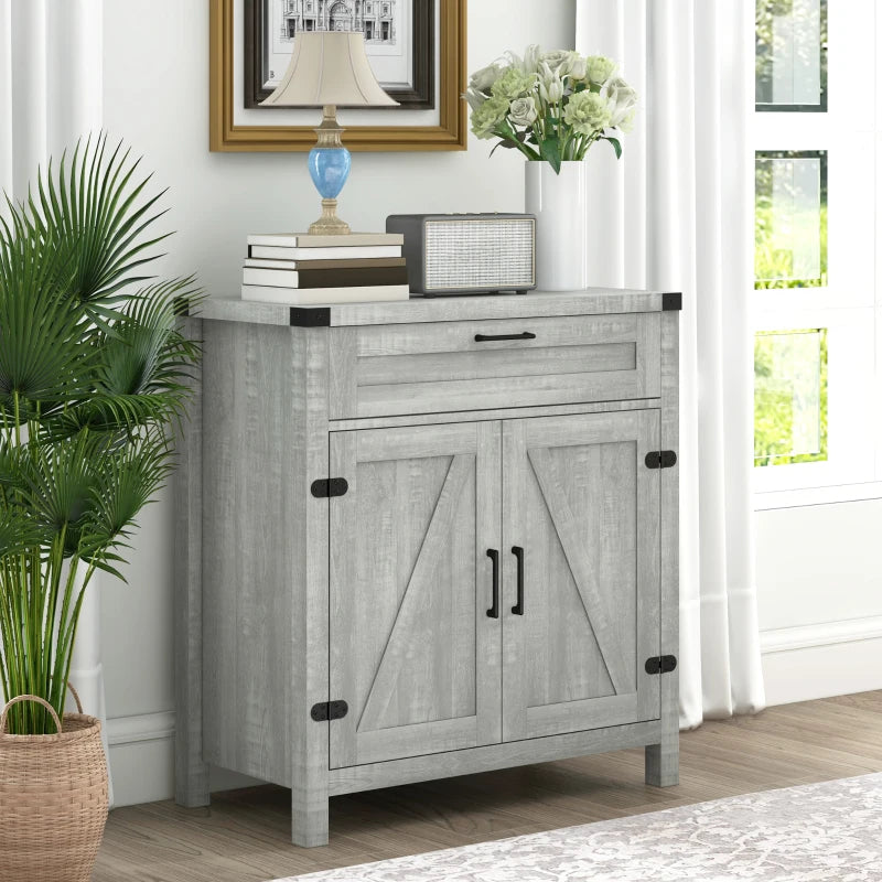 Farmhouse Kitchen Storage Cabinet, Sideboard Buffet Cabinet with 2 Rustic Barn Doors and Drawer, Grey