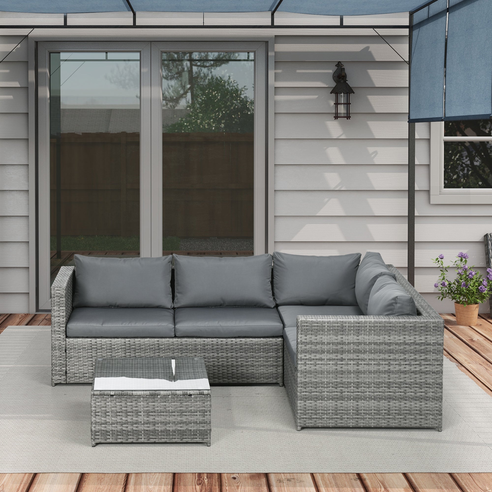 Outsunny 3-Piece Rattan Wicker Patio Set, Grey Cushioned Outdoor Conversation Furniture with Loveseats, Coffee Table 