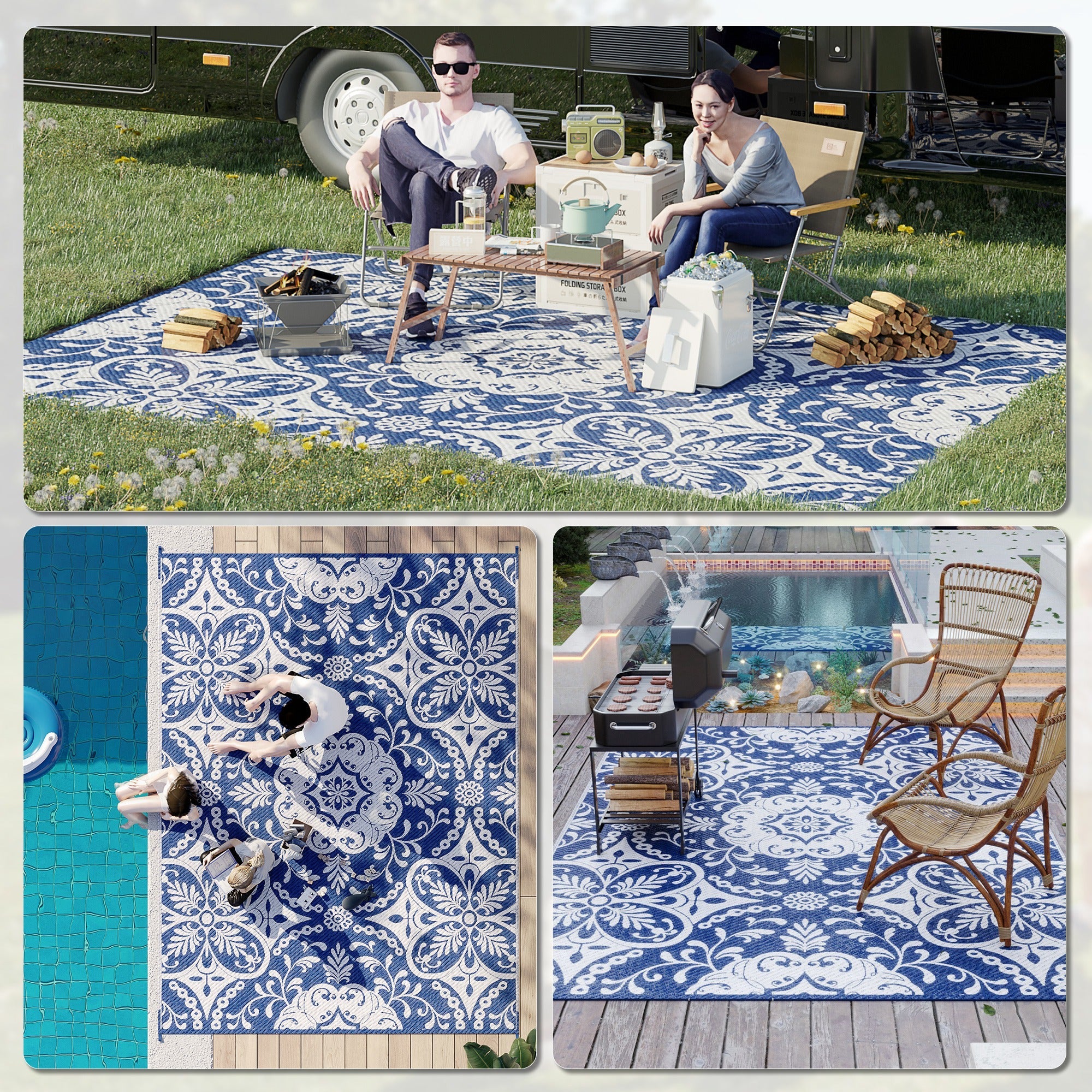 Outsunny 9' x 12' Portable Outdoor Rug Reversible Waterproof Mat with Carry Bag for RV Backyard Deck Blue 