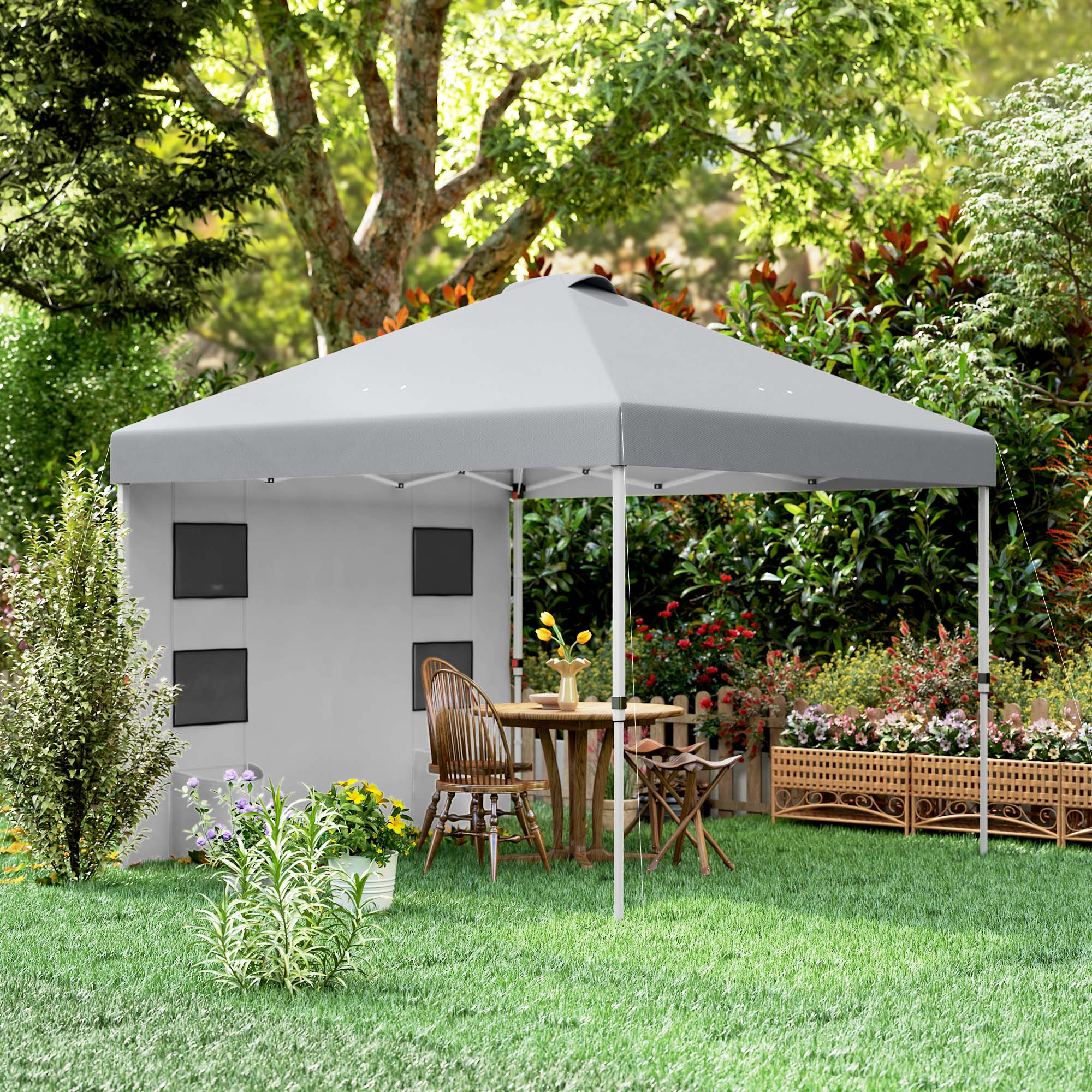 Outsunny 10' x 10' Pop Up Canopy Tent with Sidewall, Height Adjustable Instant Sun Shelter with Storage Pockets, Light Grey 