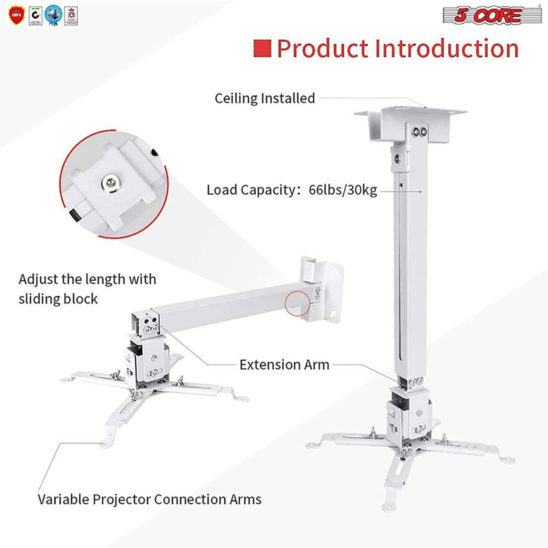 5Core Projector Mount Ceiling Wall Universal Holder Adjustable Low Profile Capacity 40lb WHITE