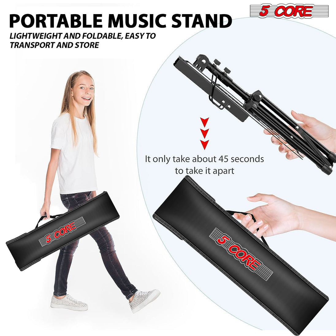 5Core Portable Music Stand for Sheet Music Adjustable Tripod Folding Note Holder Black