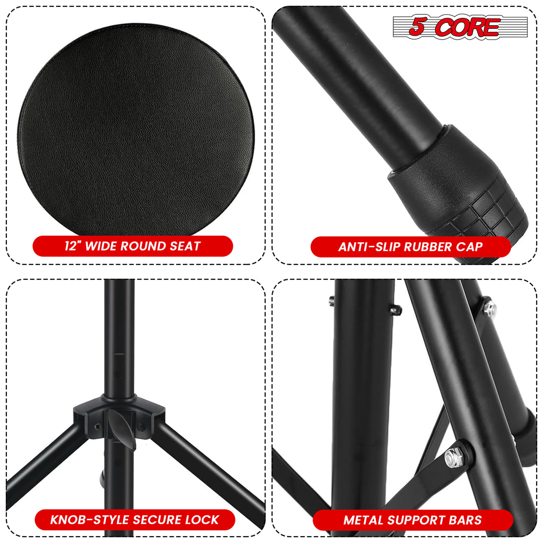 5Core Drum Throne Adjustable Guitar Stool Padded Drummer Seat for Adults & Kids BLACK