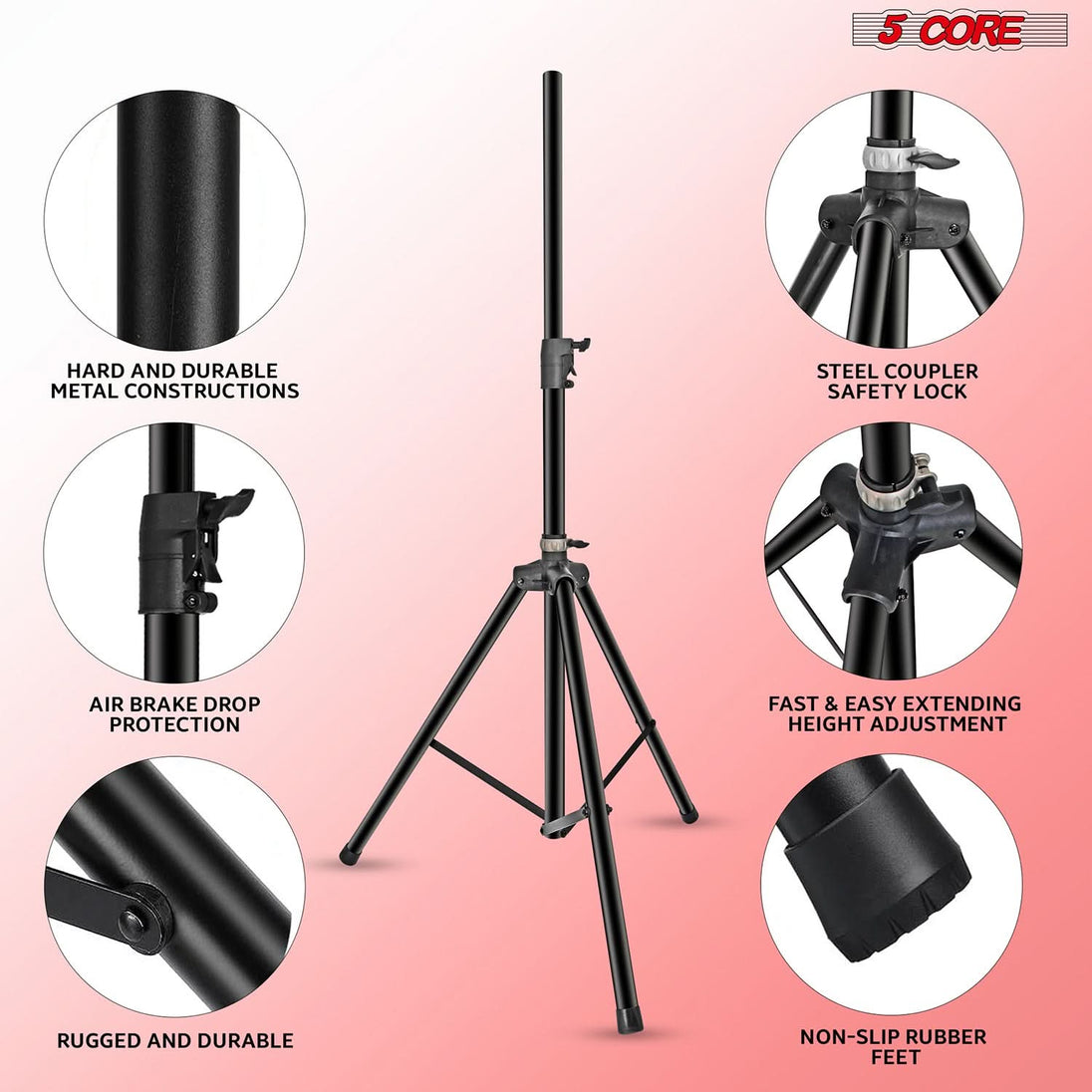 5Core Speaker Stand Tripod Tall Air Assist Lowering Adjustable Heavy Duty Floor Stands