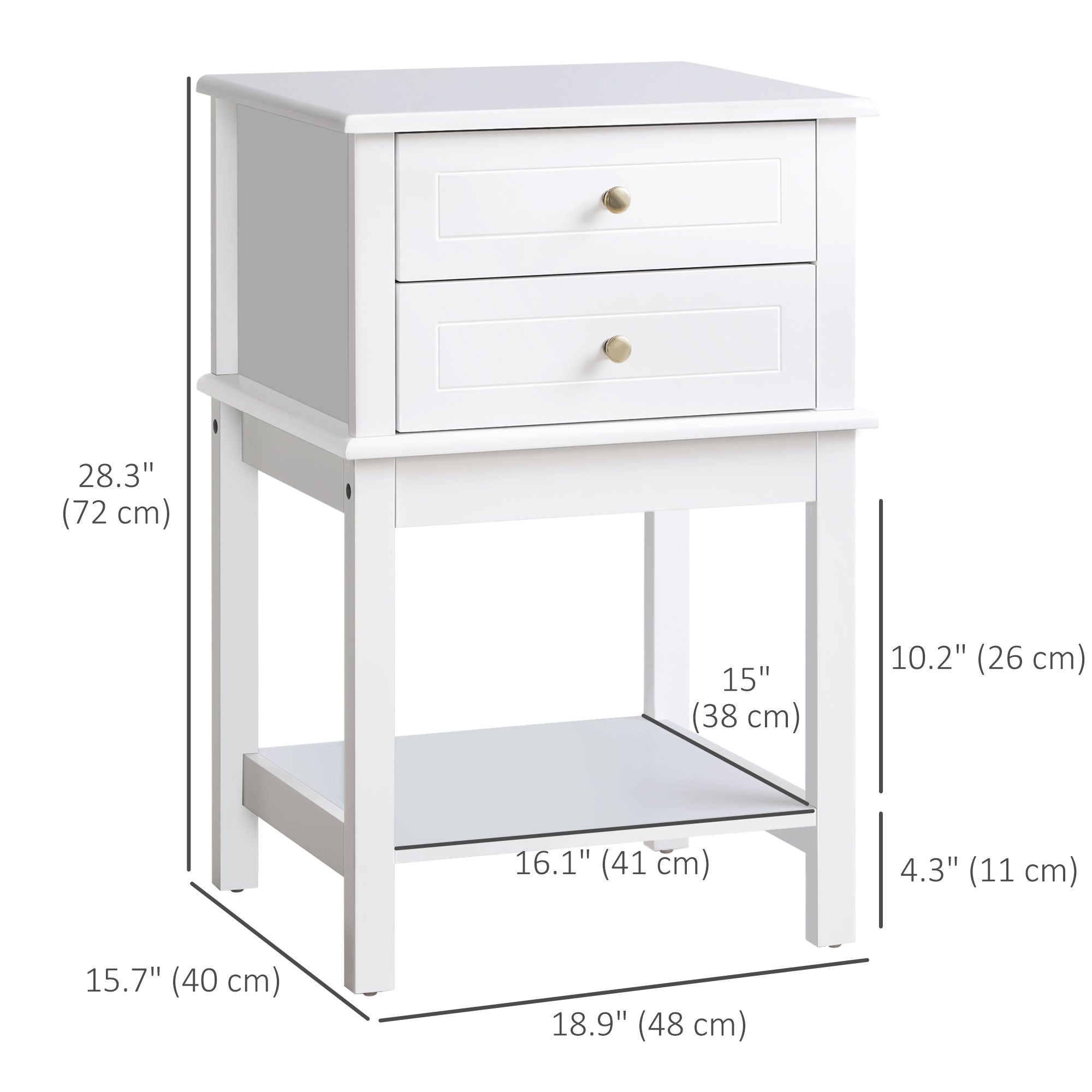 HOMCOM Elegant End Table: Modern Sofa Side Table with Drawers and Storage Shelf, Nightstand for Bedroom, Living Room, Crisp White 