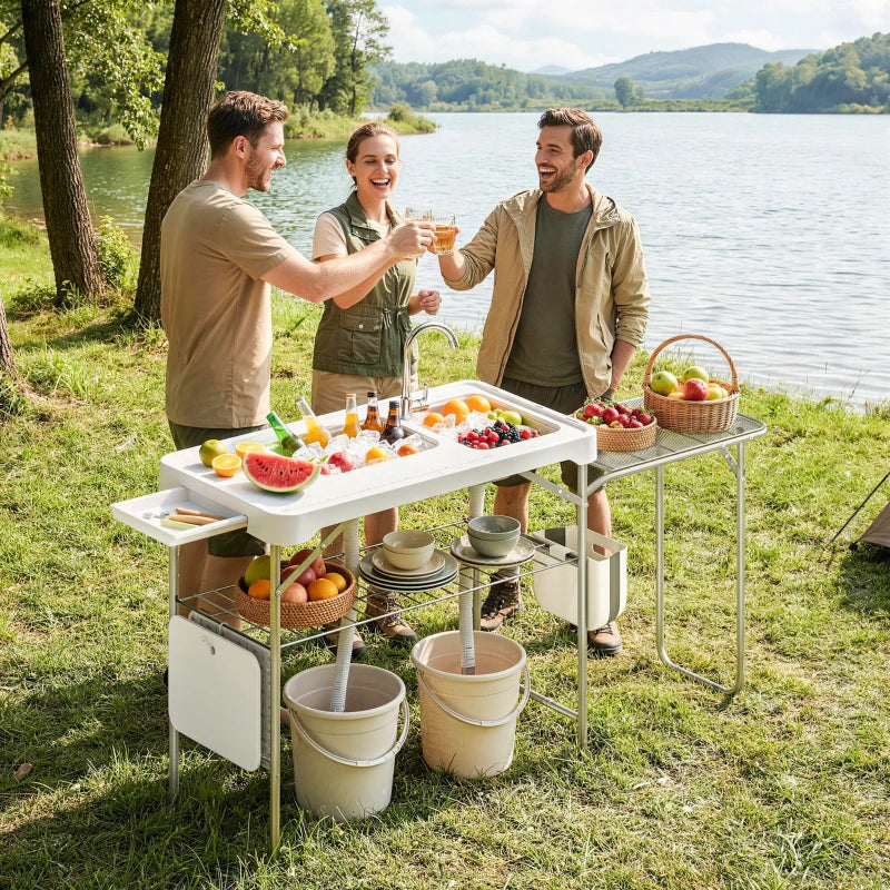 Fish Cleaning Table Folding Sink Portable Camping Sink with Side Shelf & Bottom Rack for Outdoor White