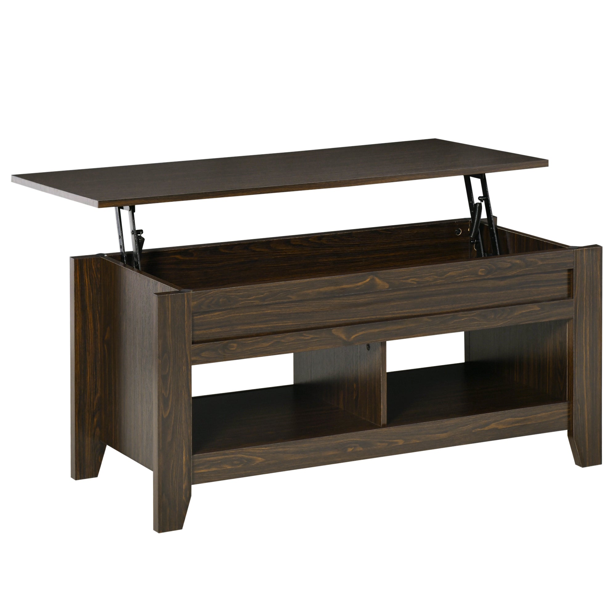 HOMCOM Dark Walnut Lift Top Coffee Table: Pop-Up Center Table with Hidden Storage, Open Shelves for Living Room 