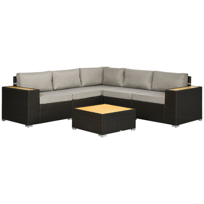 Outsunny 6-Piece Brown Rattan Outdoor Patio Furniture Set, Corner Sofa with Wood-Plastic Coffee Table, Cushions 
