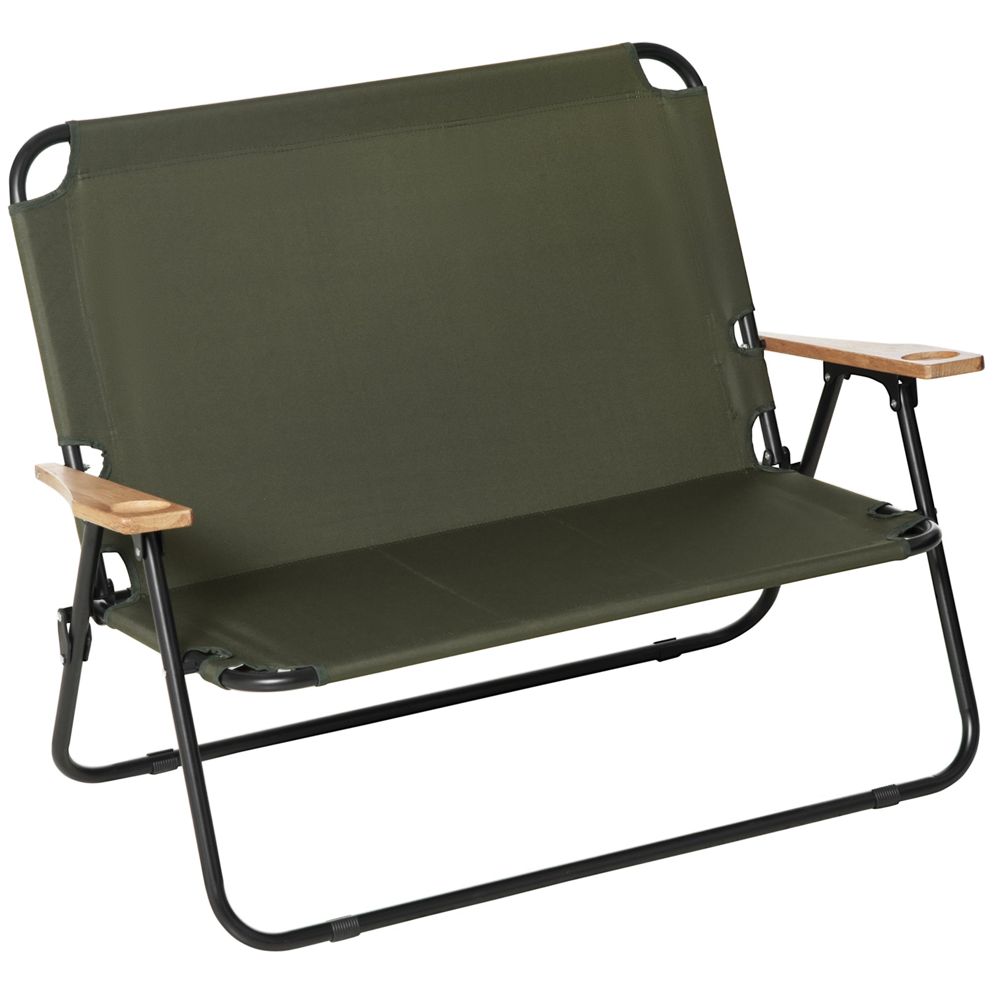 Outsunny Double Folding Loveseat Camping Chair Portable Outdoor 2 Person Wood Armrest Fishing Travel Green 