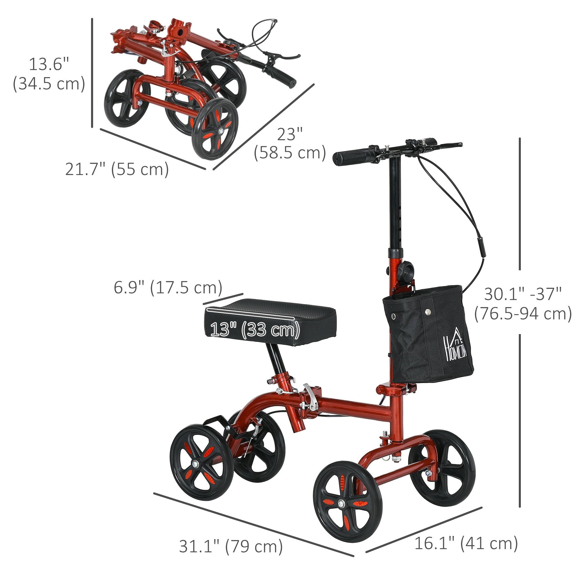 HOMCOM Foldable Knee Scooter Steerable Walker Dual Brakes Adjustable Height Crutch Alternative Mobility Aid Red 
